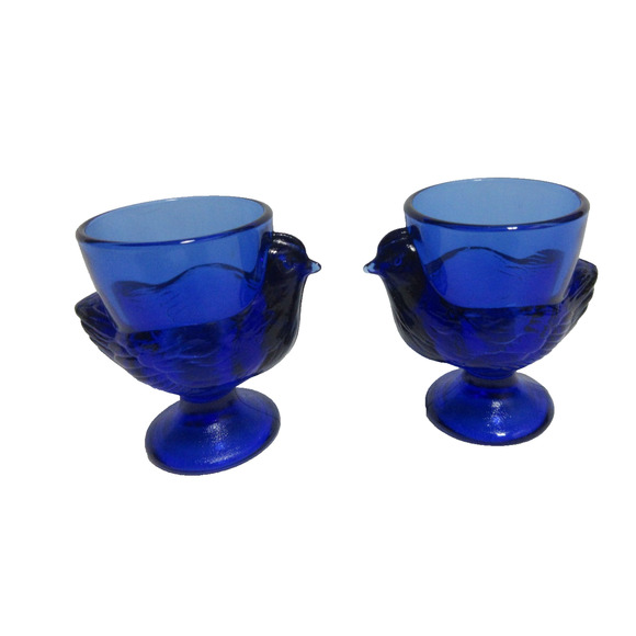 Set Of 2 Vintage Cobalt Blue Glass Chicken Hen Egg Cup Holders 3" Tall - Picture 2 of 5